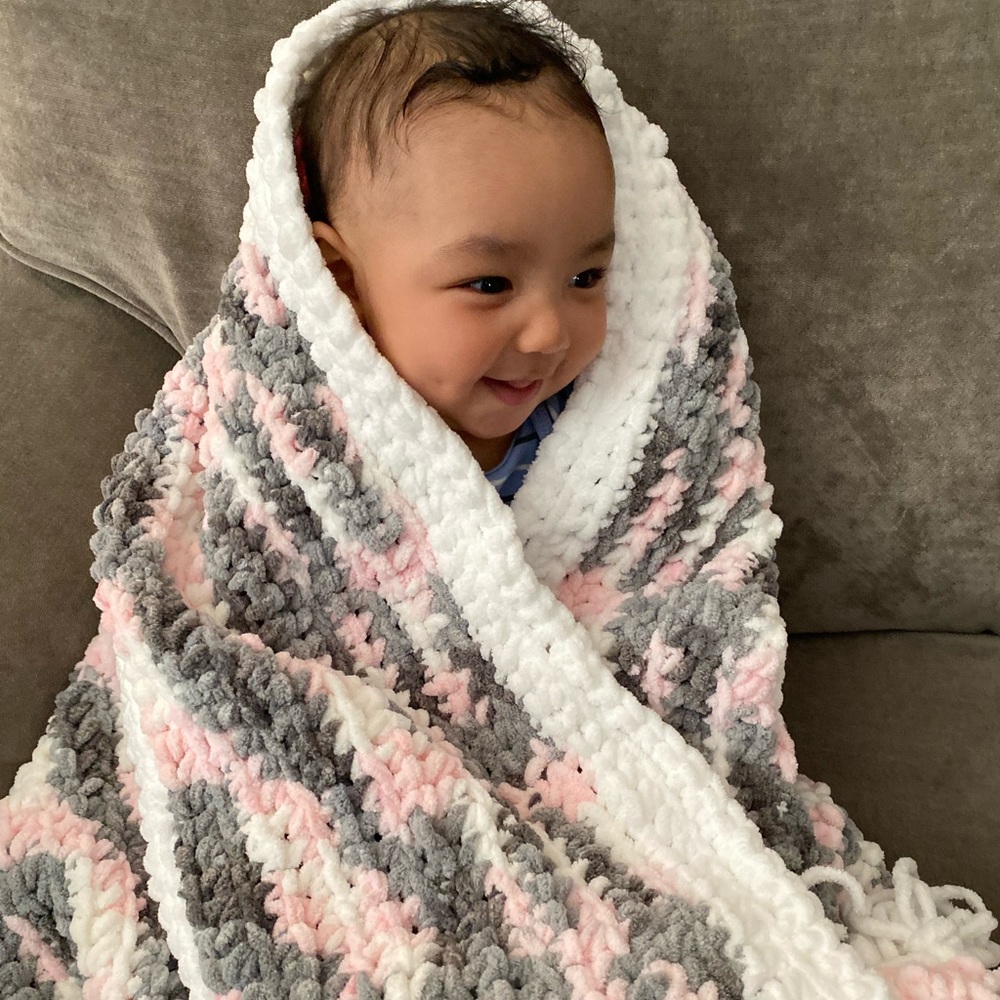 White pink and gray soft baby blanket- baby not included 😆